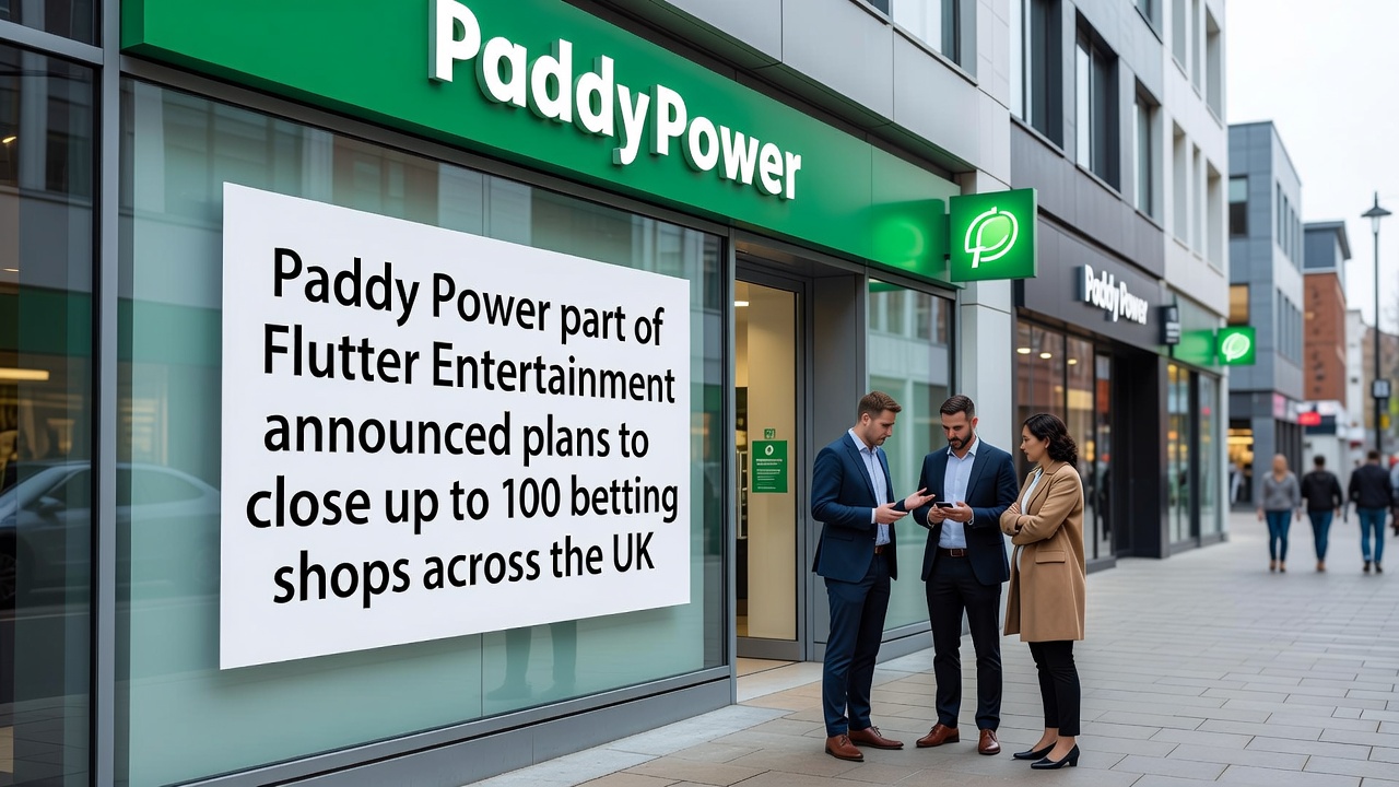 Interior view of a modern betting shop with betting terminals and staff area